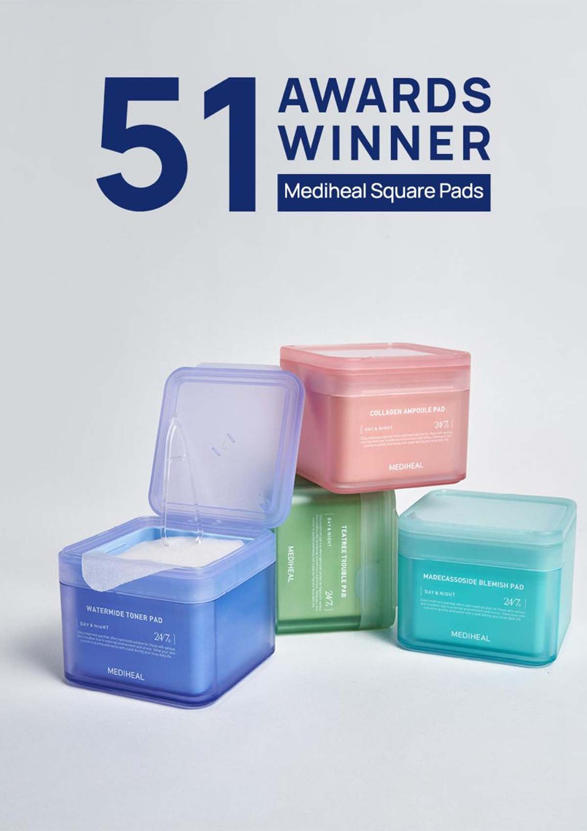 Mediheal Square Pads packaging with '51 Awards Winner' text on a light gray background